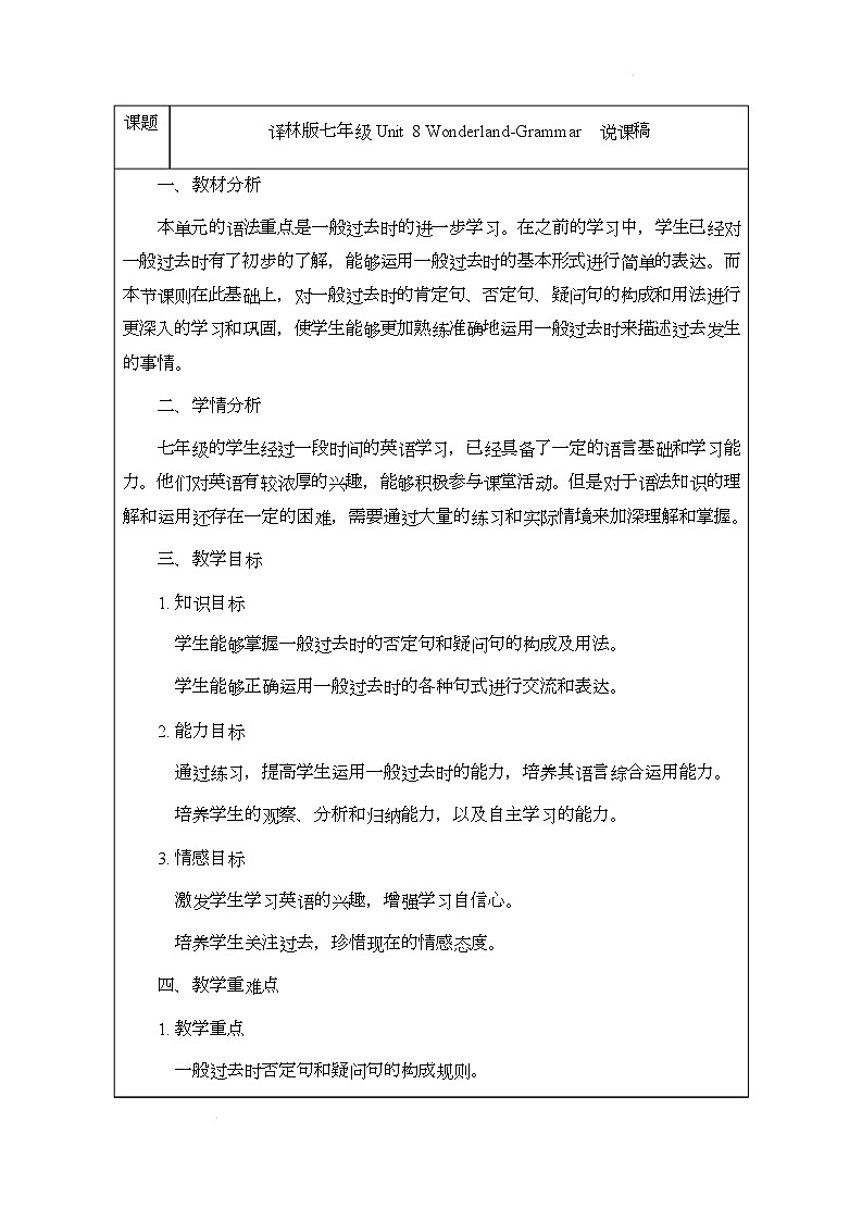 译林版（2024）初中英语七年级下册 Unit 8 WonderlandGrammar说课稿第1页