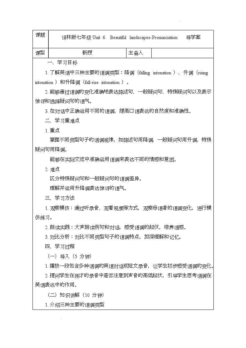 译林版（2024）初中英语七年级下册 Unit 6 Beautiful landscapesPronunciation 导学案第1页