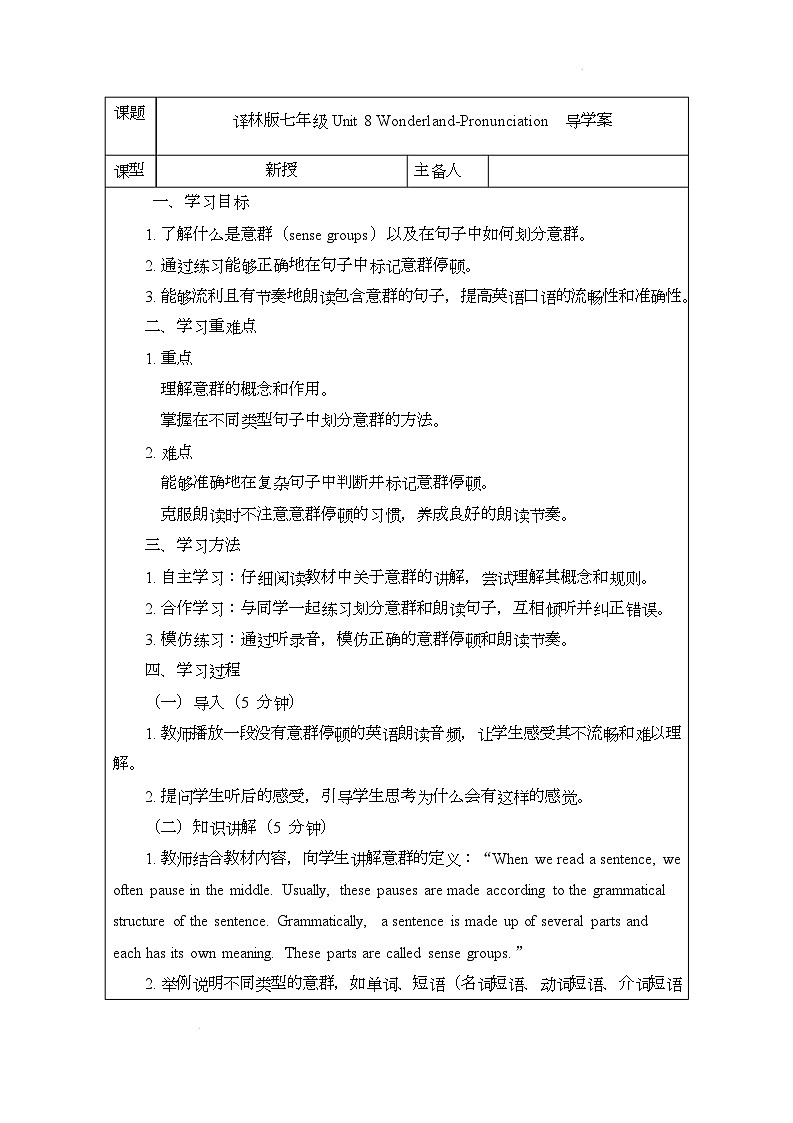 译林版（2024）初中英语七年级下册 Unit 8 Wonderland Pronunciation导学案第1页