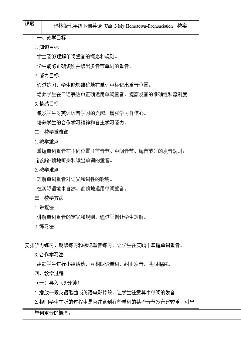 译林版（2024）初中英语七年级下册 Unit 3 My Hometown Pronunciation 教案第1页