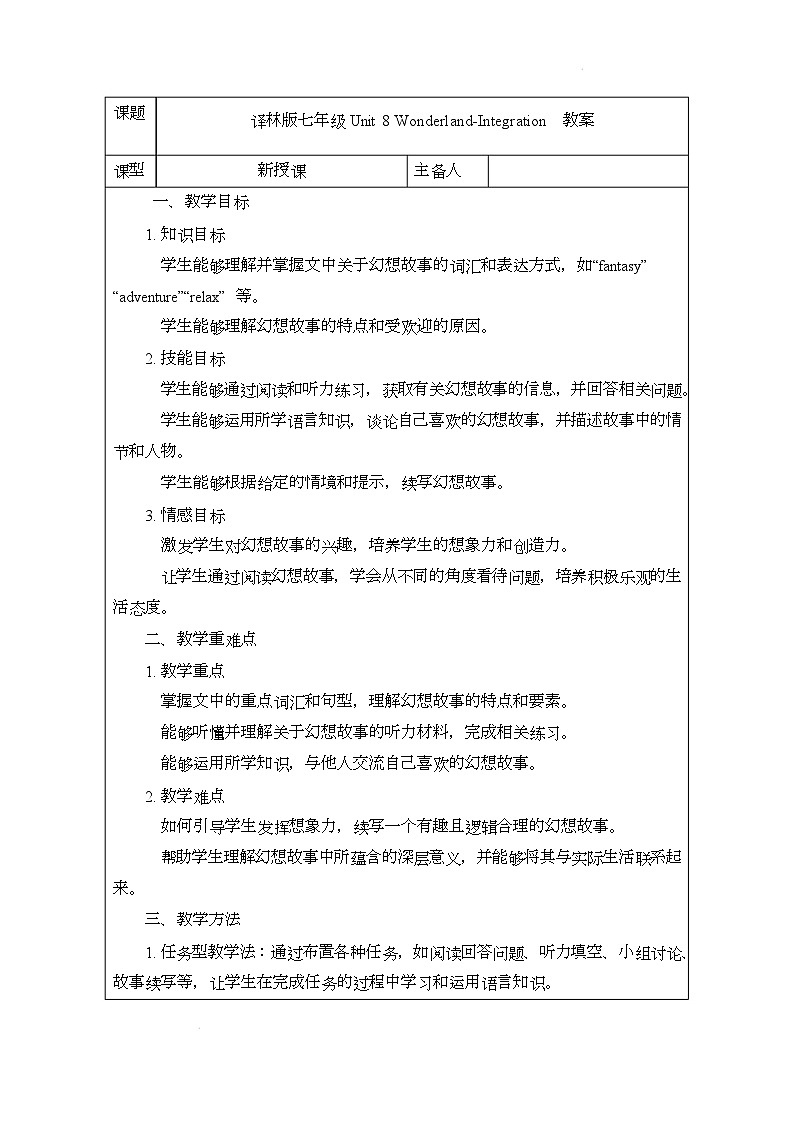 译林版（2024）初中英语七年级下册 Unit 8 Wonderland Integration教案第1页