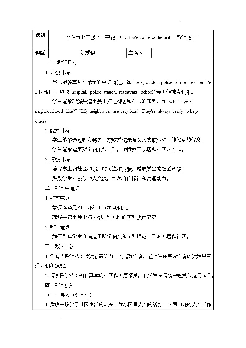 译林版（2024）初中英语七年级下册 Unit 2 Welcome to the unit 教案第1页