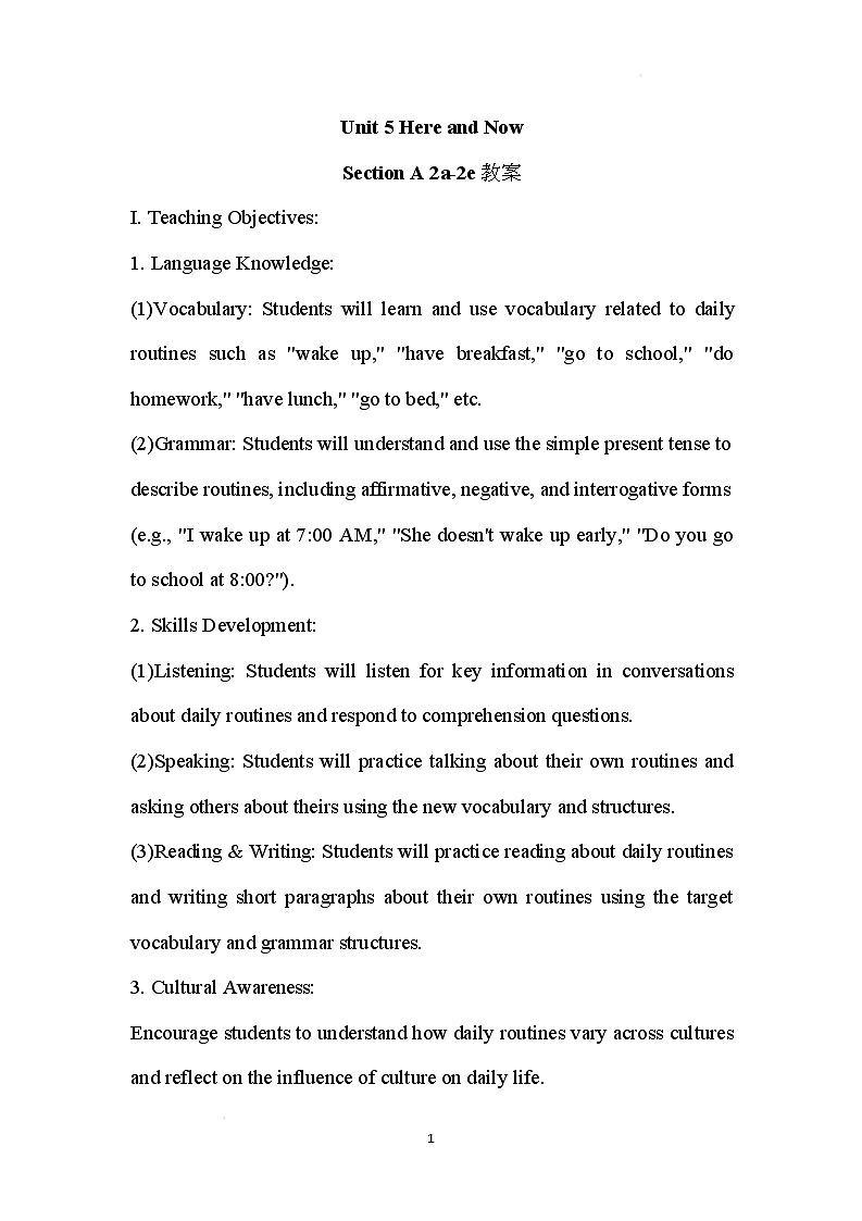 新人教版英语七年级下册 Unit 5 Here and Now Section A 2a-2e教案第1页