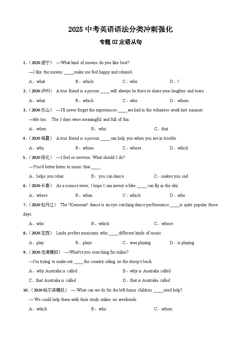 专题02 定语从句（含答案+解析）—2025中考英语语法分类冲刺强化 [中考真题+名校模拟]第1页