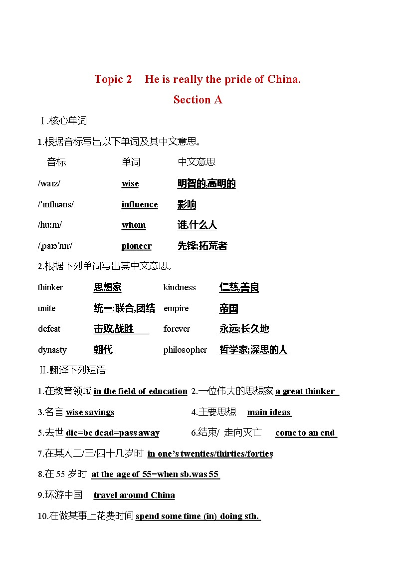 Unit 5 Topic 2 He is really the pride of China.知识清单 英语仁爱版九年级下册第1页