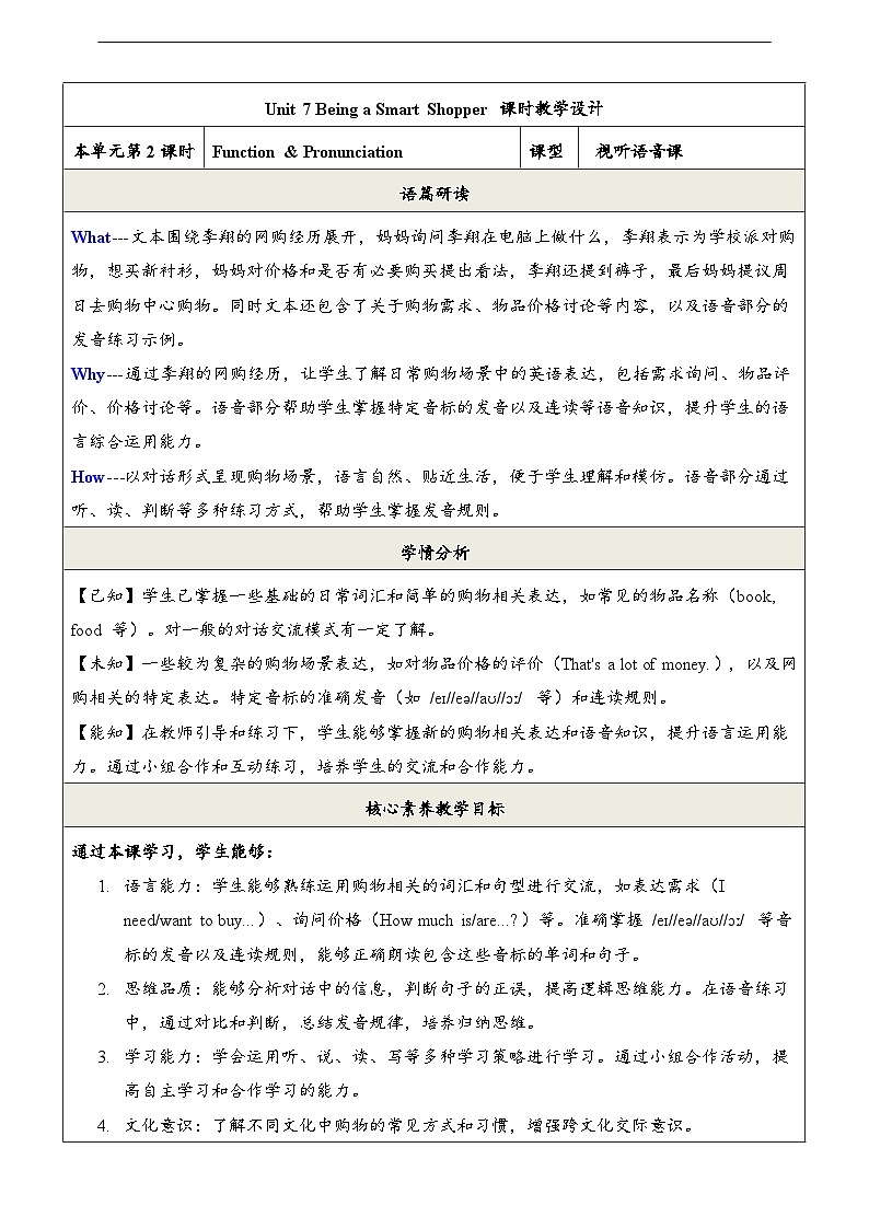 Unit 7 Being a Smart Shopper 第2课时Function & Pronunciation教学设计第1页
