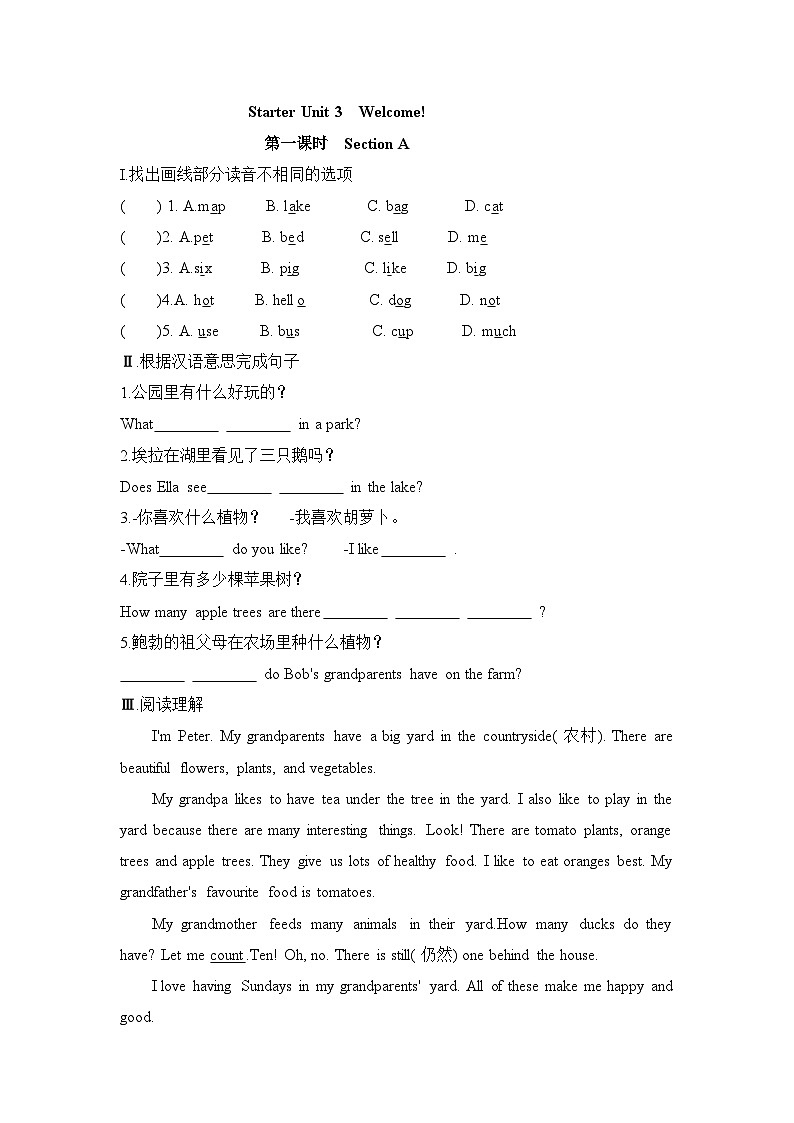 人教版（2024）七年级英语上册Starter Unit 3  Welcome! Section A课时练（含答案）第1页