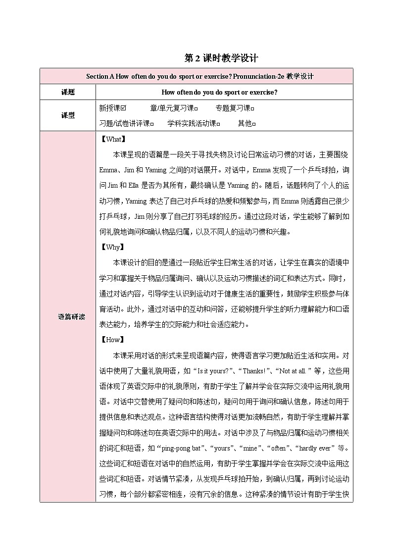 人教版（2024）英语七年级下册 Unit 3 Keep Fit 第二课时（Section A Pronunciation—2e）（教学设计）第1页