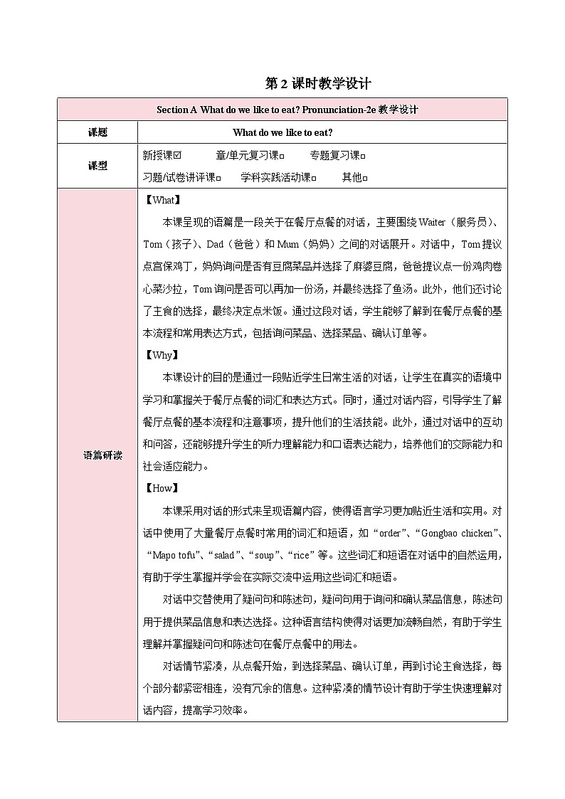 人教版（2024）英语七年级下册 Unit 4 Eat Well 第二课时（Section A Pronunciation—2e）（教学设计）第1页