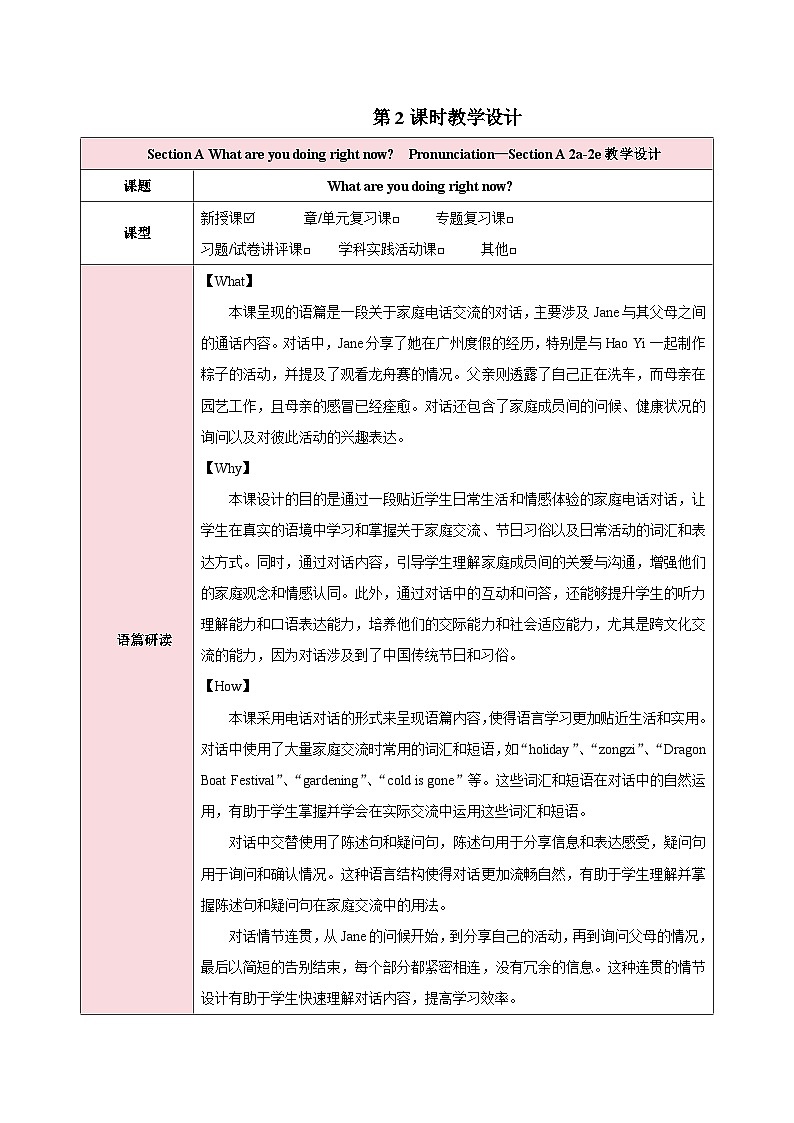 人教版（2024）英语七年级下册 Unit 5 Here and Now 第二课时 Pronunciation-Section A 2a-2e （教学设计）第1页