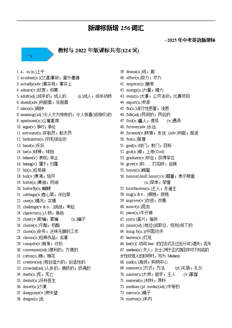 新课标初中中考英语新增256词（学生版）练习第1页