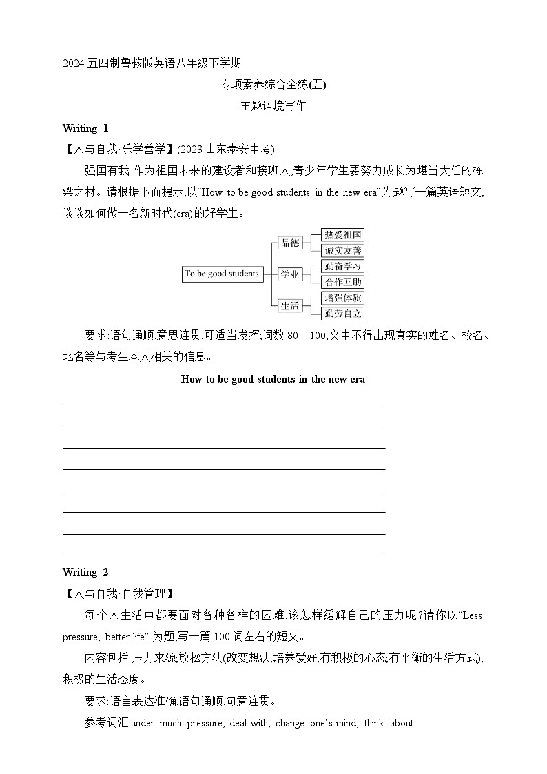 五四制鲁教版英语八年级下学期--专项素养综合全练(五)主题语境写作（含解析）第1页