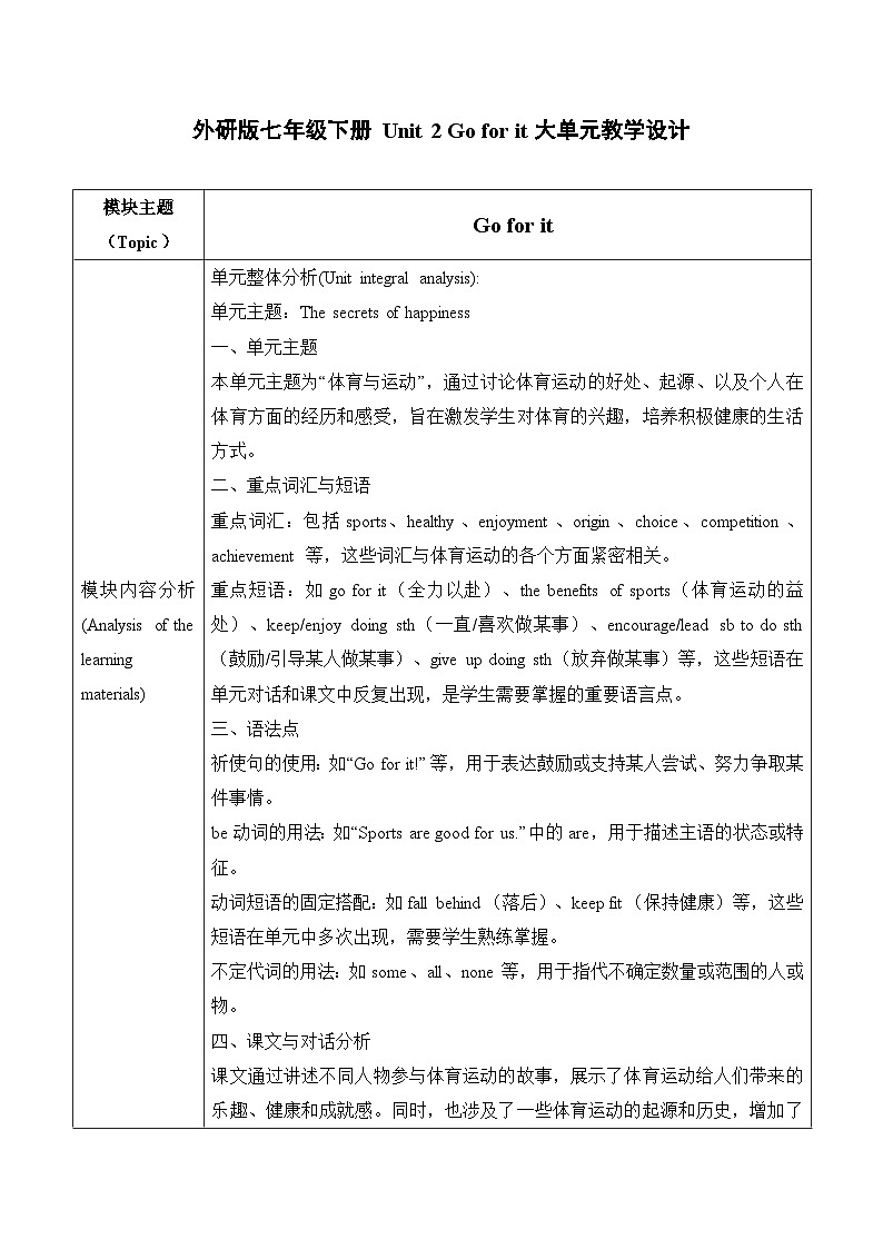 Unit 2 Go for it!大单元教学设计第一课时Starting out&Understanding ideas 2025春新教材外研版七年级下册第1页