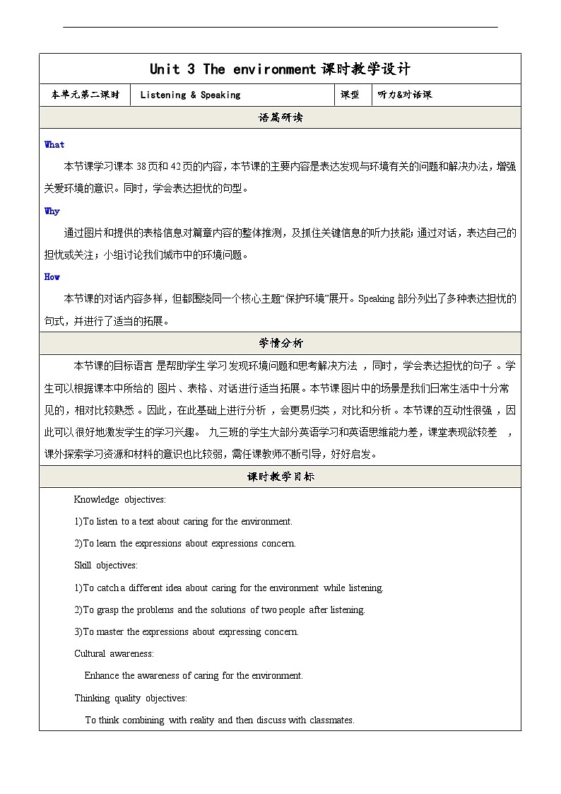 沪教牛津版（六三制）英语九下 Unit 3 《The environment》第2课时Listening & Speaking 教案第1页
