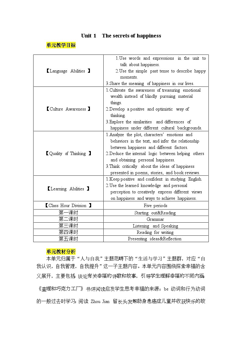 Unit 1 The secrets of happiness（单元整体教案） 2024-2025学年外研版（2024）英语七年级下册第1页