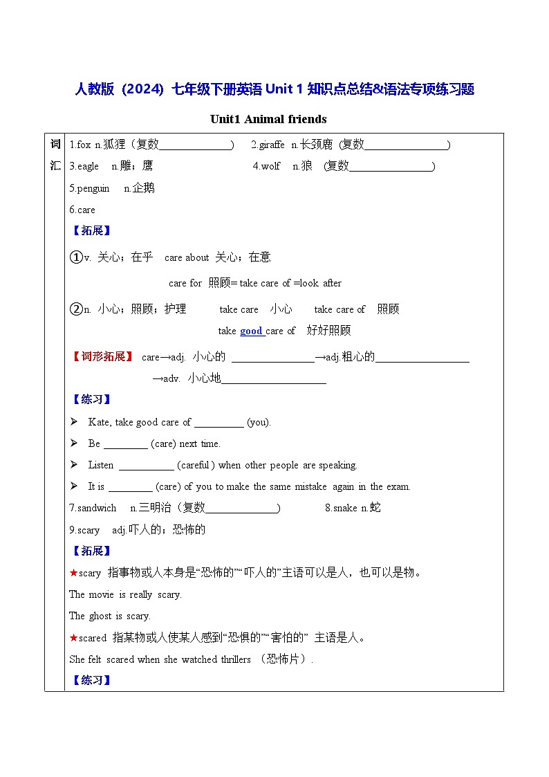 人教版（2024）七年级下册英语Unit 1知识点总结&语法专项练习题（含答案）第1页