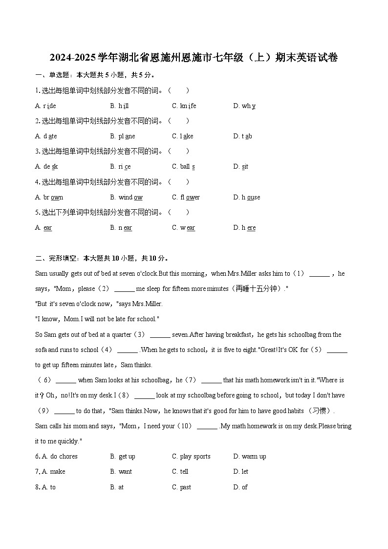 2024-2025学年湖北省恩施州恩施市七年级（上）期末英语试卷（含详细答案解析）第1页