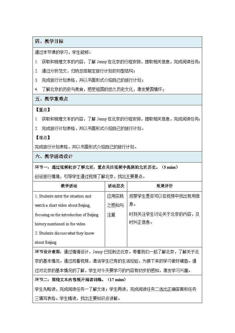Unit 1 Lesson 5 A trip plan 教案  冀教版（2024）七年级下册第2页