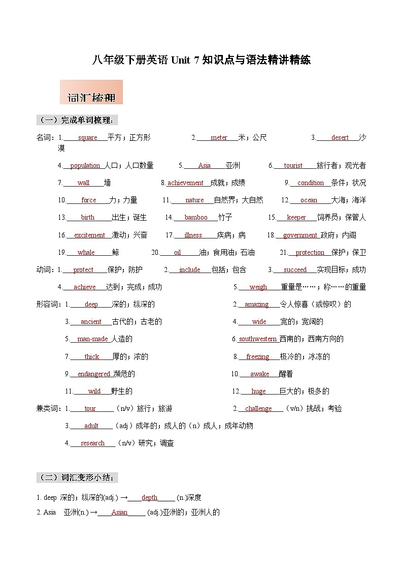 人教版八年级下册英语Unit 7知识点梳理及语法讲义（教师版）第1页