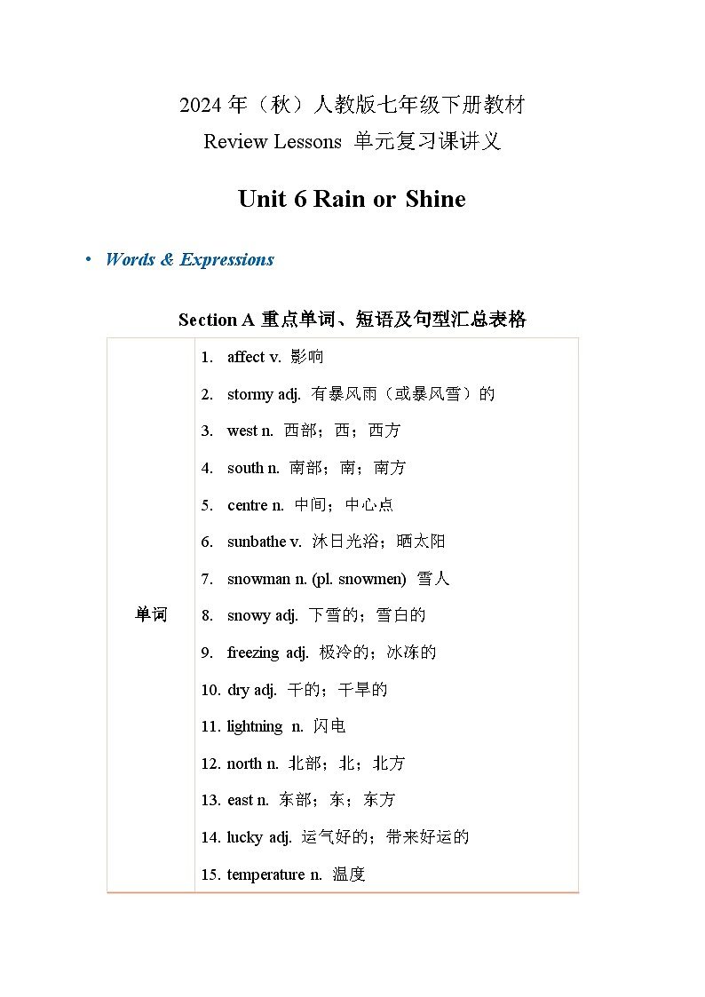 2024年人教版英语七年级(下) - Unit 6  Rain or Shine 单元复习讲义第1页