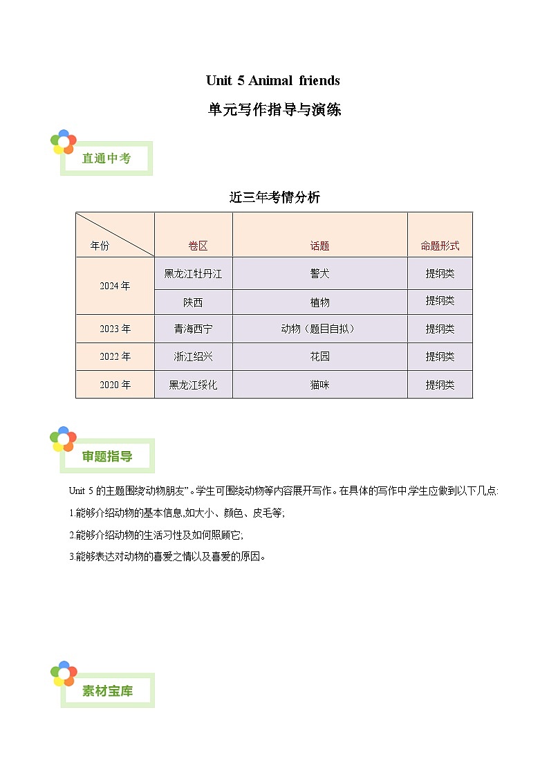 Unit 5 Animal friends（动物朋友）单元写作指导与演练（解析版）第1页