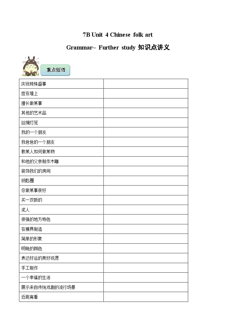 7B Unit 4 Chinese folk art Grammar~ Further study知识点讲义 原卷版第1页
