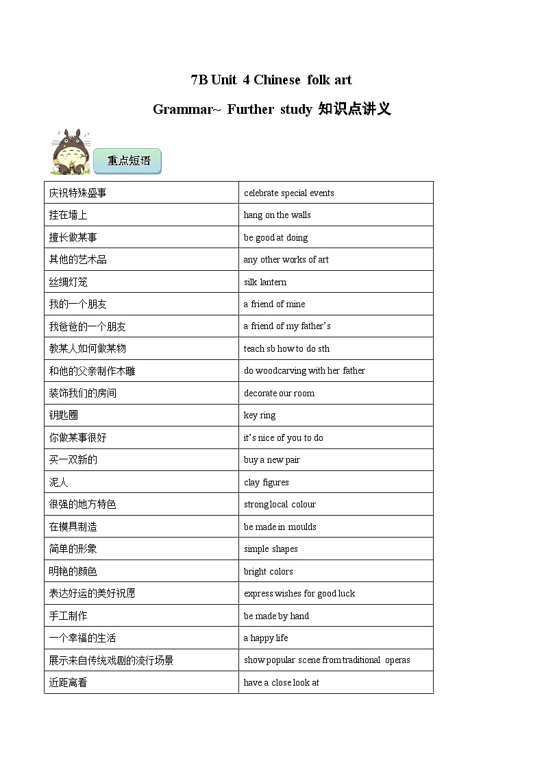 7B Unit 4 Chinese folk art Grammar~ Further study知识点讲义 解析版第1页