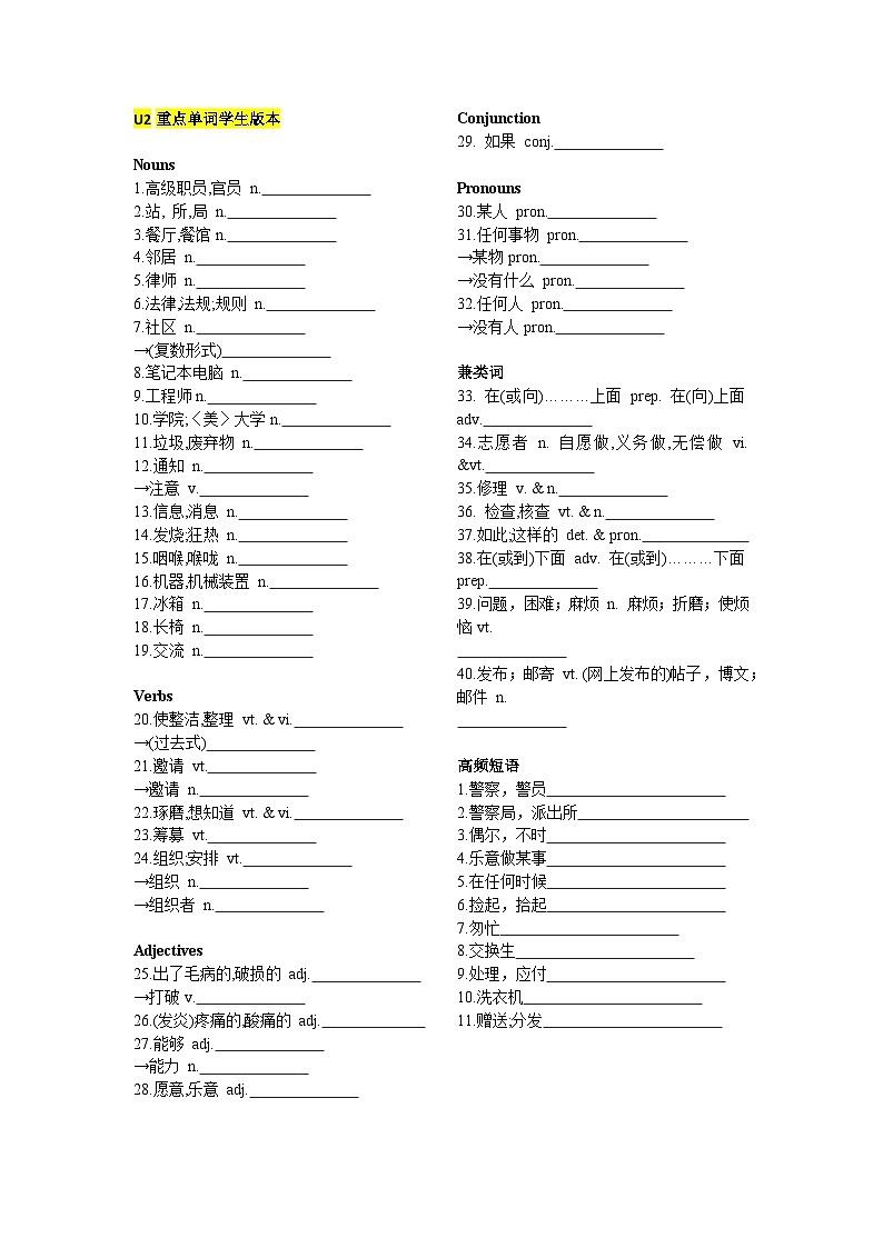 新译林版初中英语7下 七下 Unit2 Neighbourhood 重点单词学生版本第1页