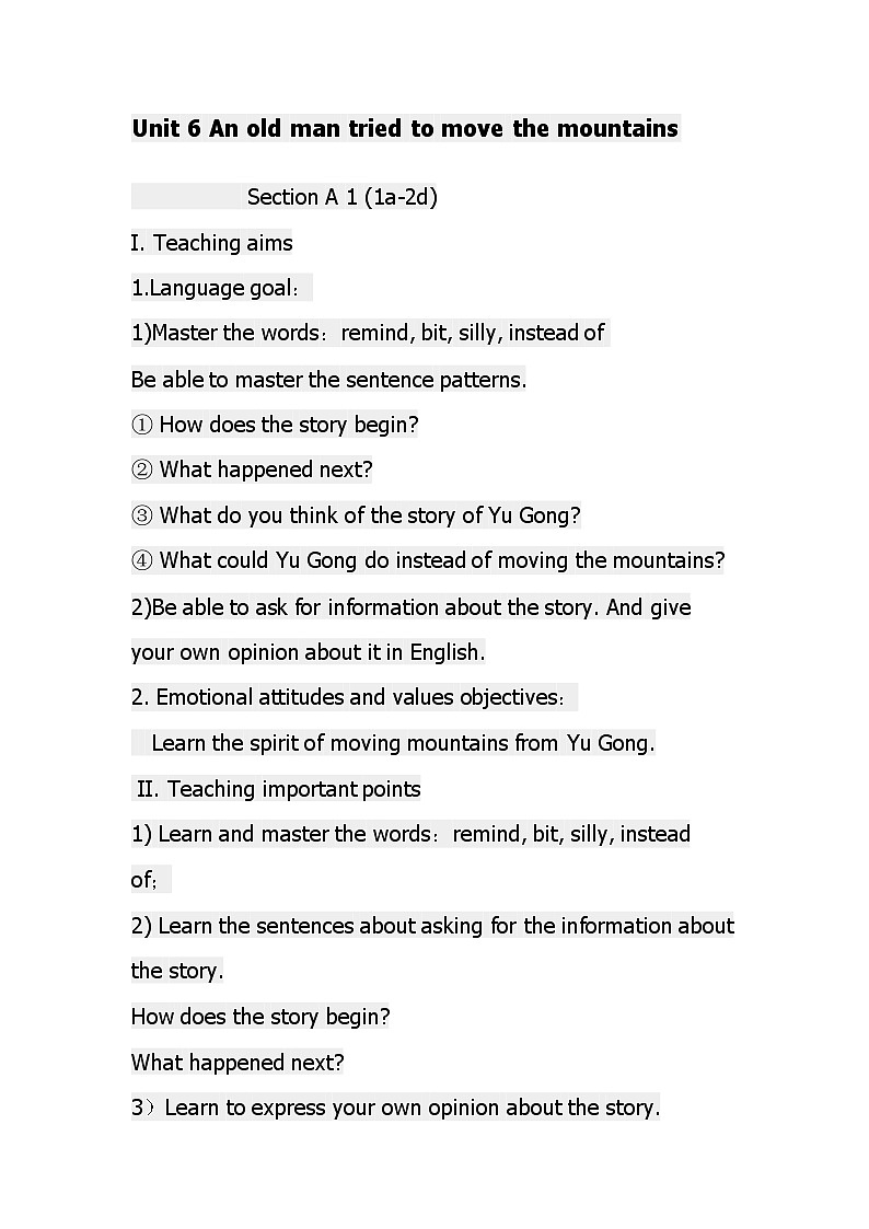 Unit 6 An old man tried to move the mountains Section A 1 (1a-2d）教学设计 人教版英语八年级下册第1页