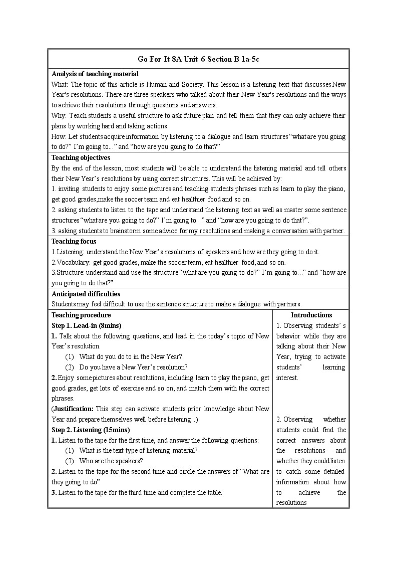 Unit 6 An old man tried to move the mountains Section B 1a-6c 教案（表格式） 人教版英语八年级下册第1页