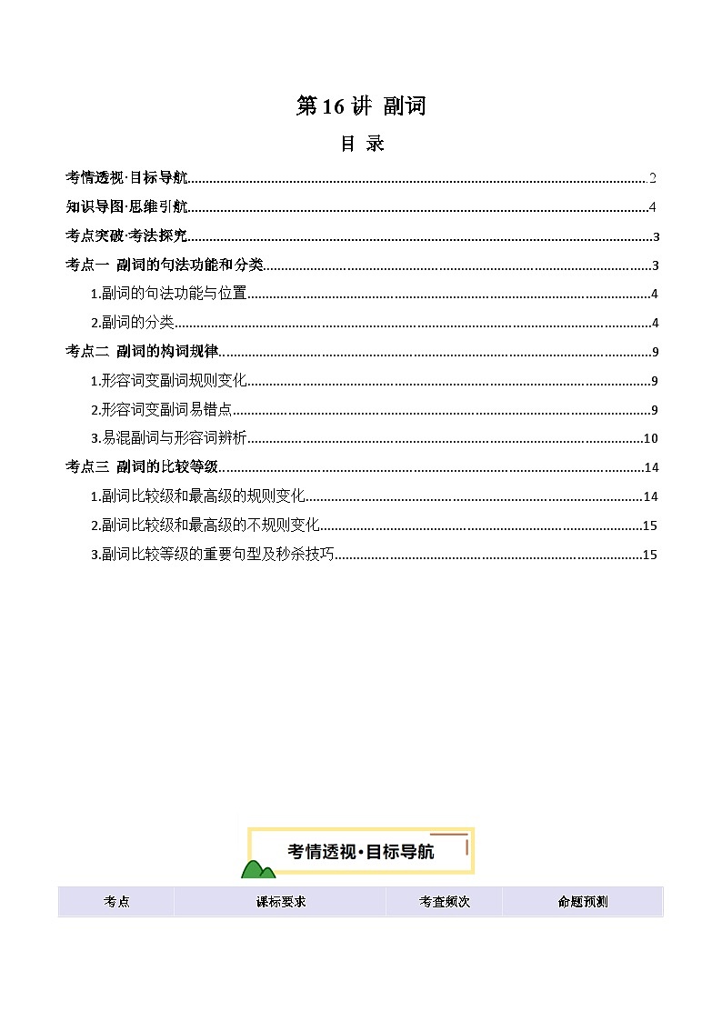 2025年中考英语一轮复习 第16讲 副词（讲义）（原卷版）第1页