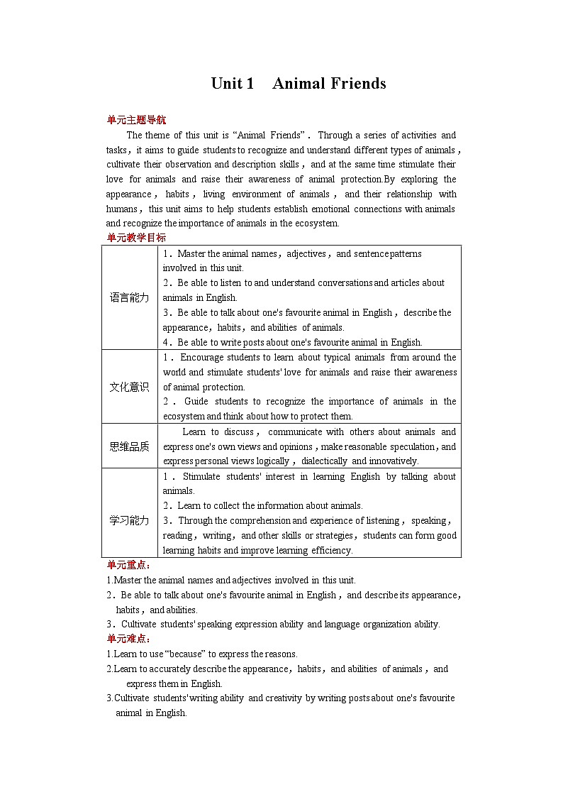 Unit 1 Animal Friends 第1课时　Section A(1a—1d) 教案 2024-2025学年人教版（2024）七年级英语下册第1页