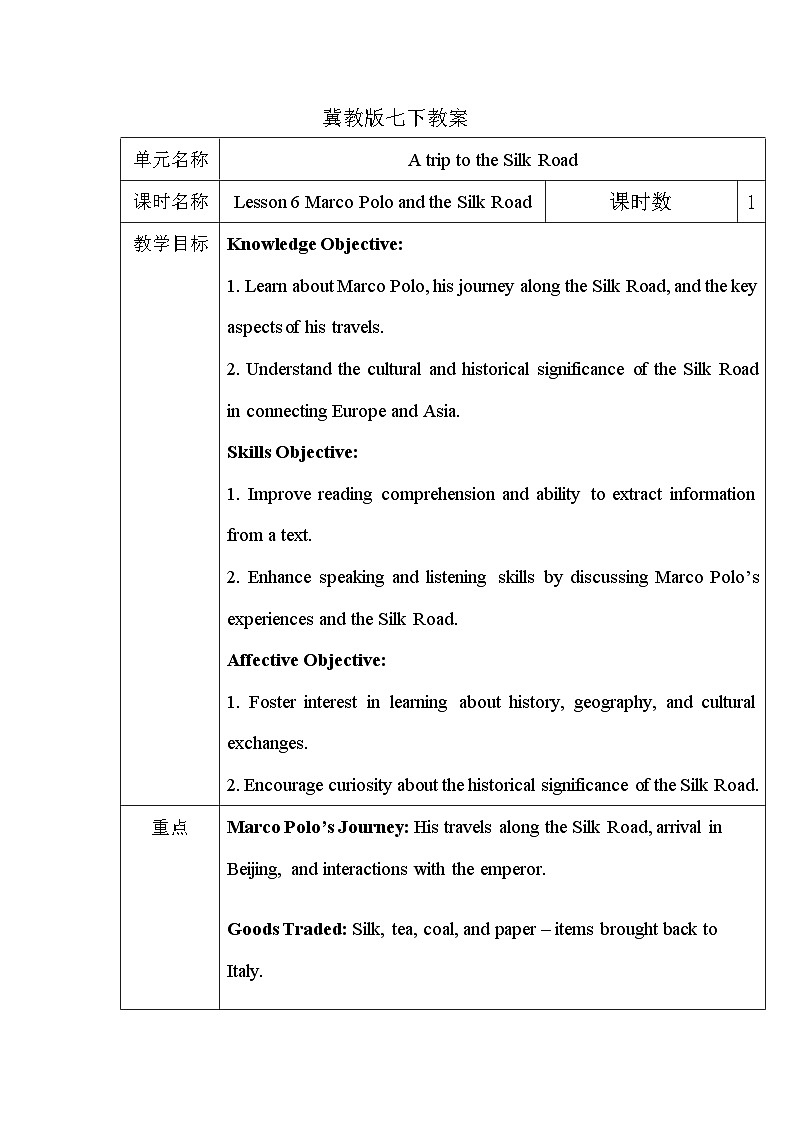 Unit1 Lesson 6 Marco Polo and the Silk Road 教案第1页