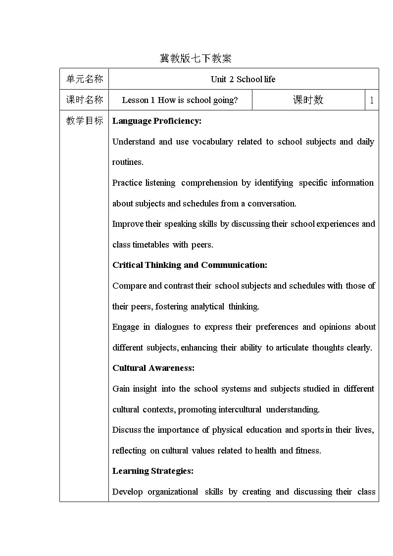Unit 2 Lesson 1 How is school going教案第1页