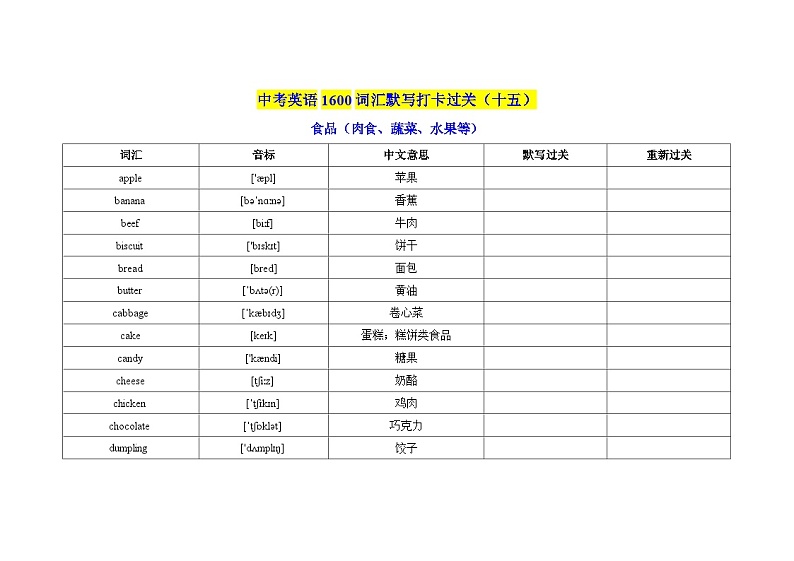 2025中考英语1600词汇默写打卡过关（15）学案第1页