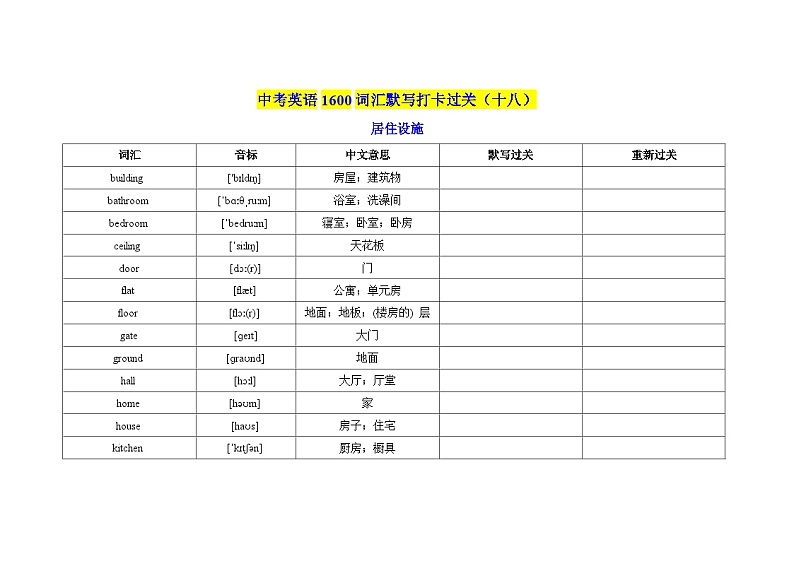 2025中考英语1600词汇默写打卡过关（18）学案第1页