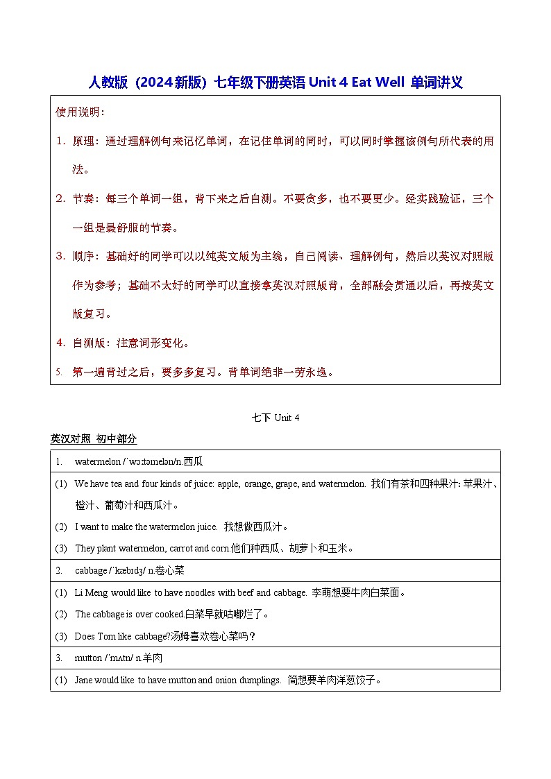 人教版（2024新版）七年级下册英语Unit 4 Eat Well 单词讲义第1页
