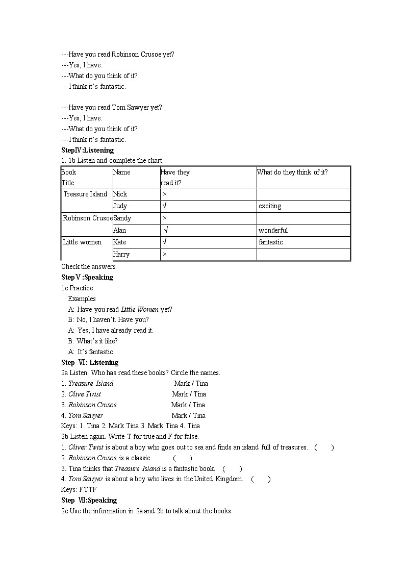 Unit 8 .Have you read Treasure Island yet  Section A 1a-2c教案 人教版英语八年级下册第2页