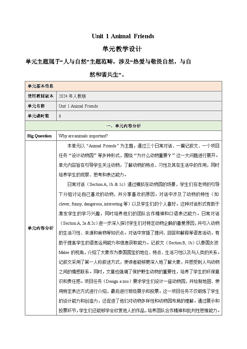 Unit 1 Animal Friends - 七年级英语下册 同步单元教学设计（人教版2024）第1页