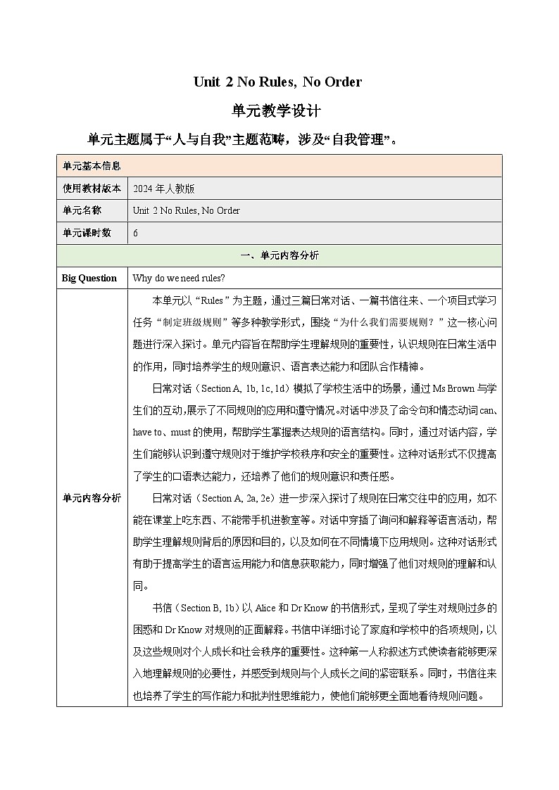 Unit 2 No Rules, No Order - 七年级英语下册 同步单元教学设计（人教版2024）第1页