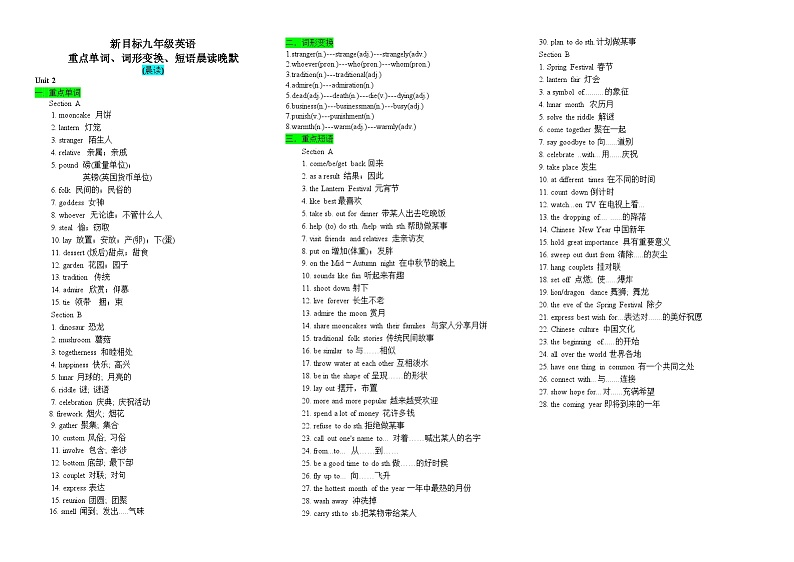 新目标九年级英语Unit2重点单词、词形变换、短语晨读晚默练习第1页