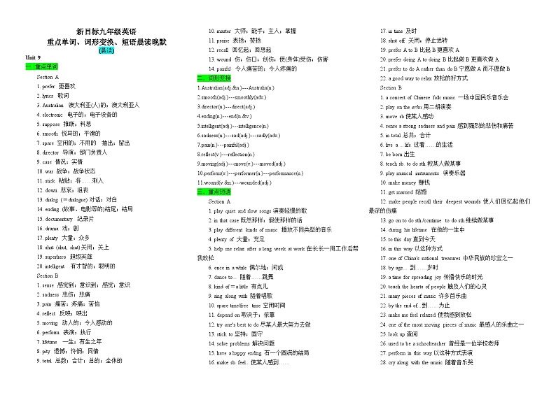 新目标九年级英语Unit9重点单词、词形变换、短语晨读晚默练习第1页