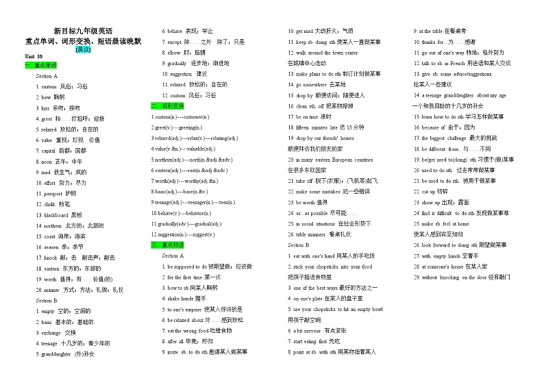 新目标九年级英语Unit10重点单词、词形变换、短语晨读晚默练习第1页