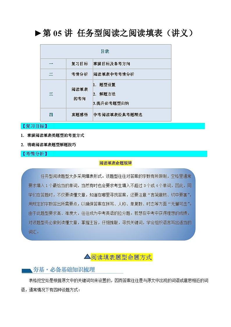 中考英语一轮复习题型讲义第05讲 任务型阅读之阅读填表（讲义）（原卷版）第1页