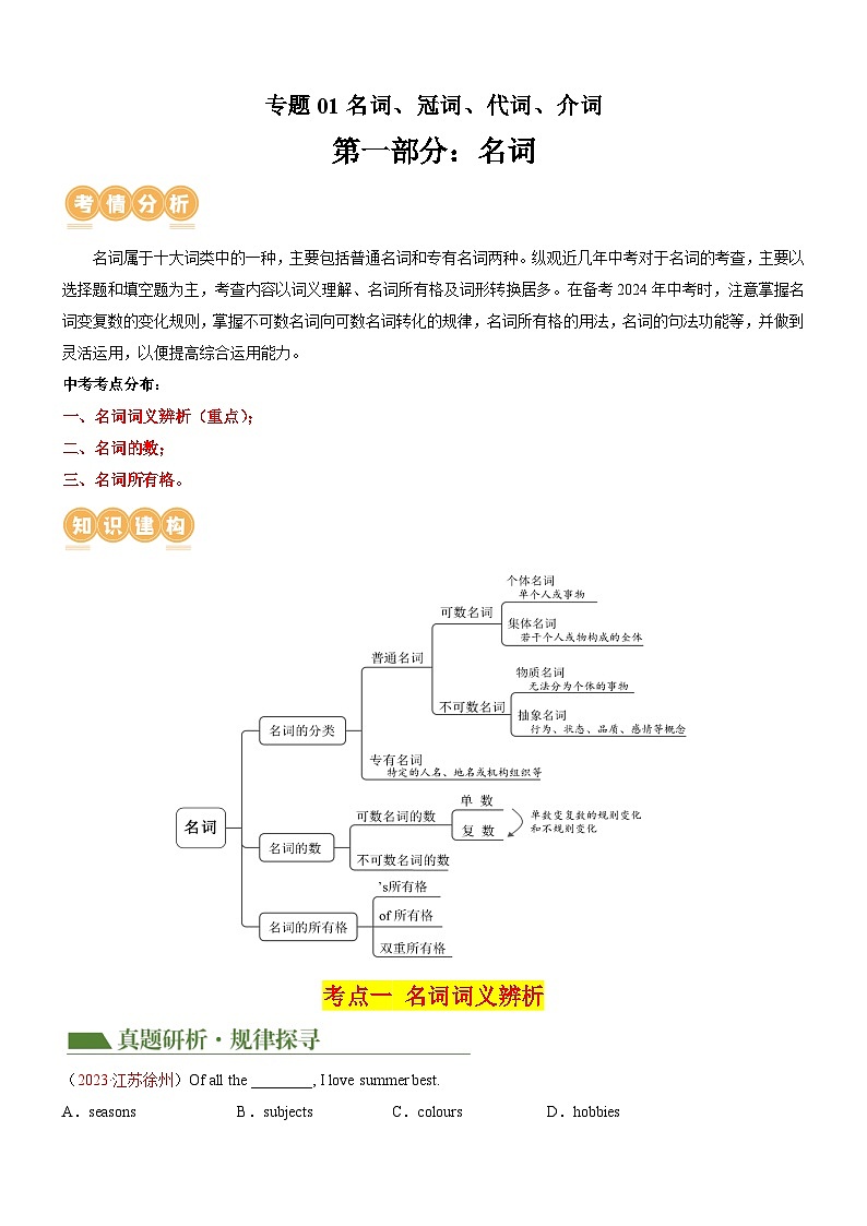 中考英语二轮复习专题01 名词 & 冠词 & 代词 & 介词（讲练）（解析版）第1页