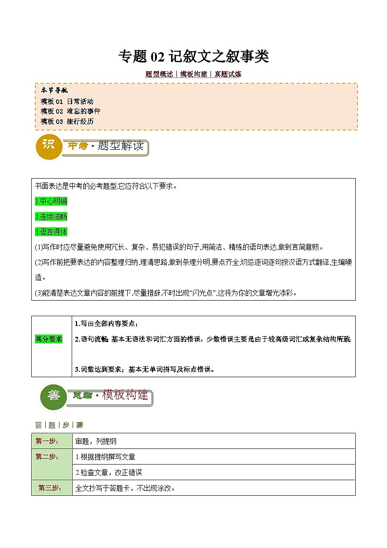 中考英语二轮复习解题技巧训练专题02 记叙文之叙事类（写作答题模板）（原卷版）第1页