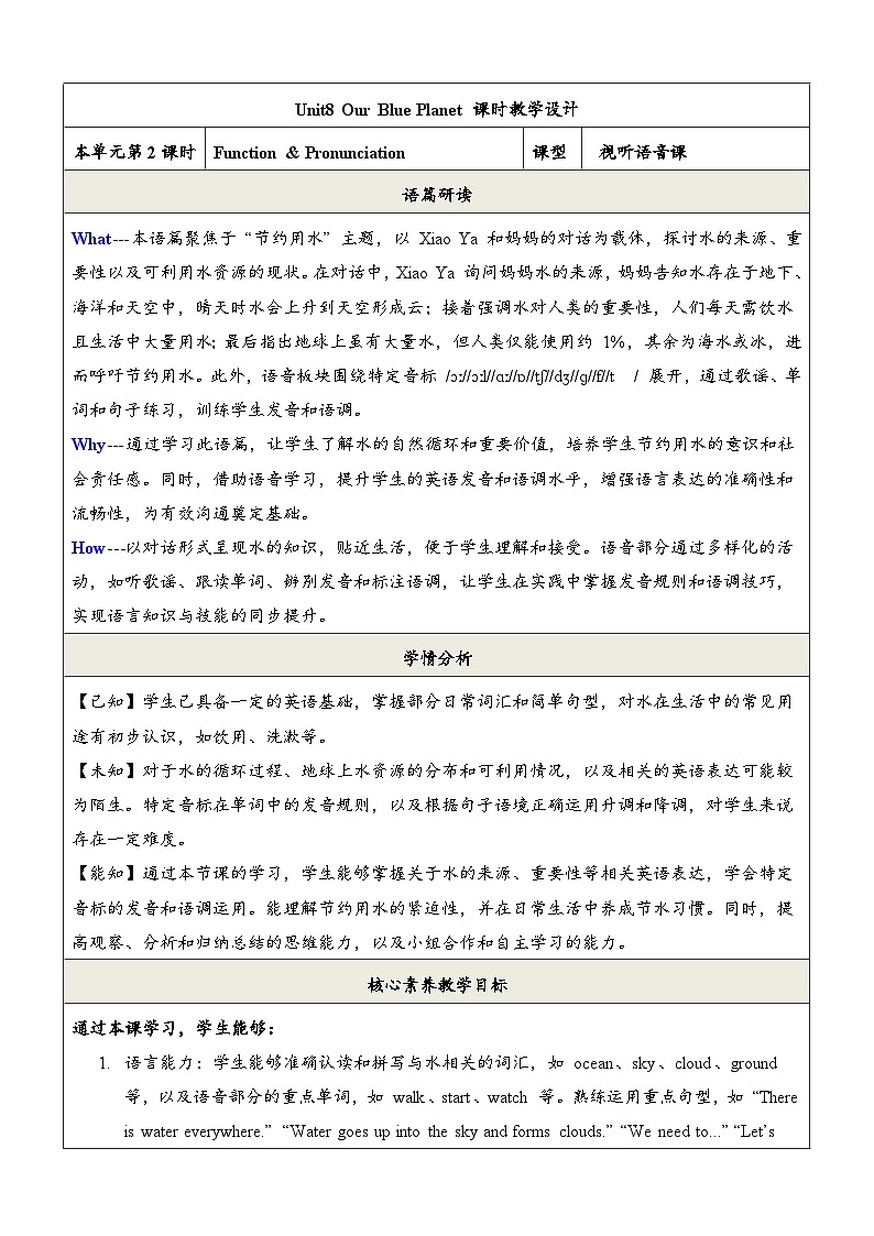 Unit8 Our Blue Planet 第2课时Function & Pronunciation教学设计第1页