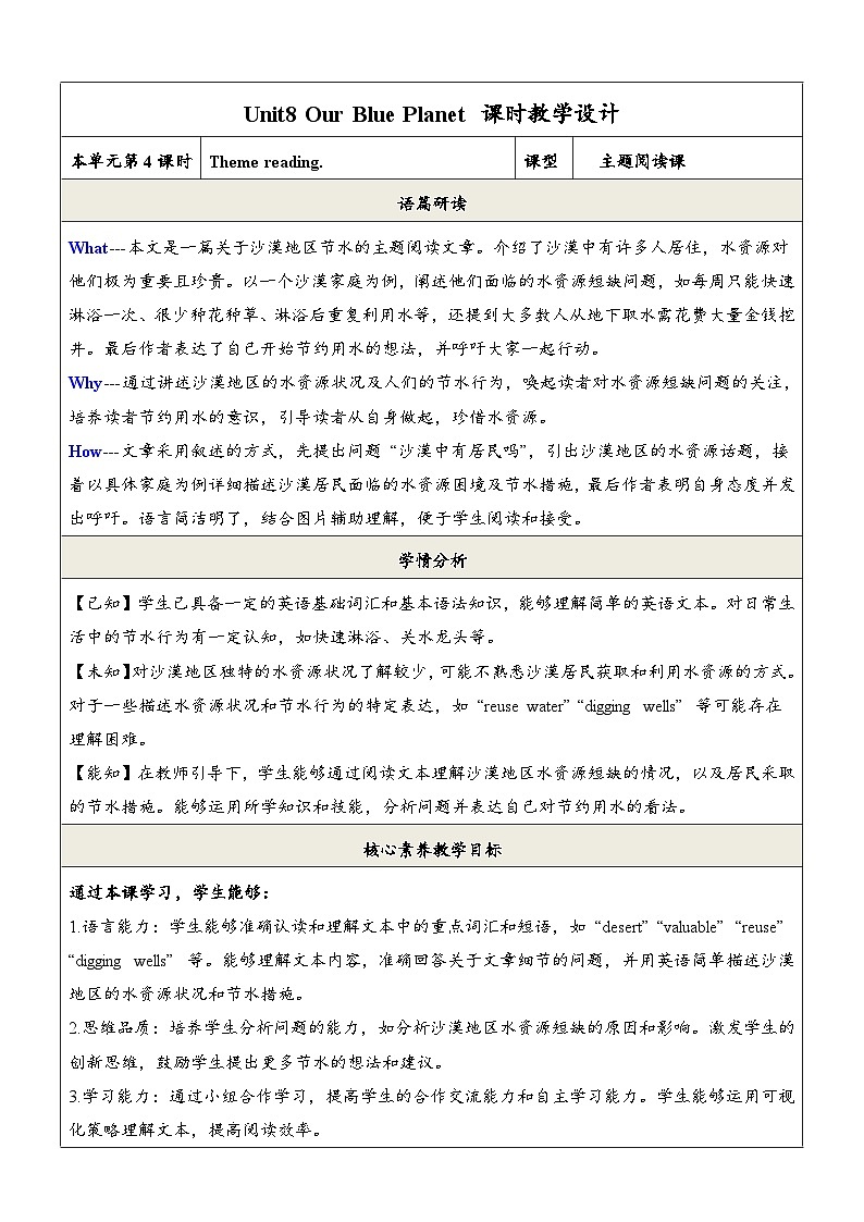 Unit8 Our Blue Planet 第4课时Theme Reading教学设计第1页