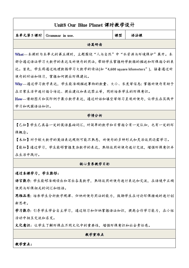 Unit8 Our Blue Planet 第5课时Grammar in use教学设计第1页