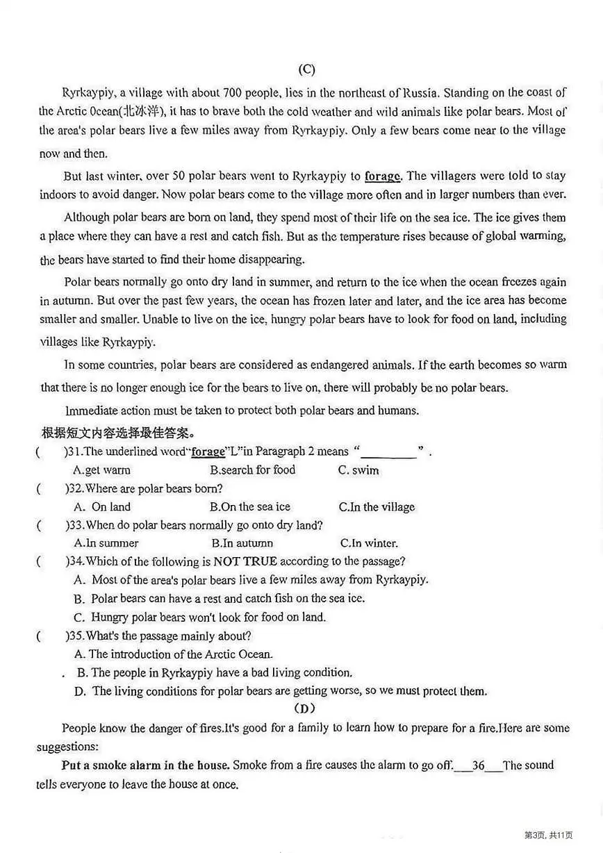 2025年哈尔滨市顺迈中学九年级下学期开学英语试卷和参考答案第3页